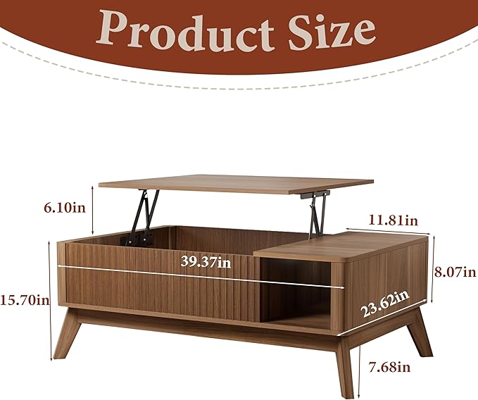 Lift Top Coffee Table with Storage Hidden Compartment, 40" Mid - Century Modern Wooden Living Room Center Table, Adjustable Height Desk for Laptop, Multifunctional Sofa Side Table，Walnut