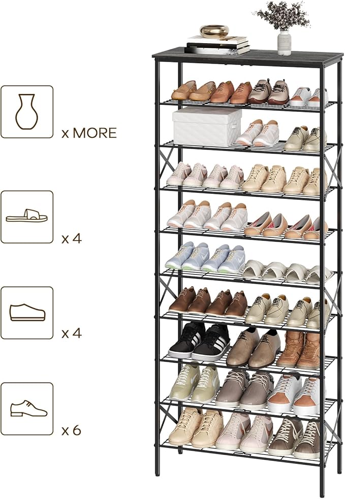 10 Tier Shoe Rack, Large Capacity Shoe Storage Organizer Holds 40 Pairs, Sturdy and Stable, for Entryway, Hallway, Closet, Dorm Room, Charcoal SS10BCG1