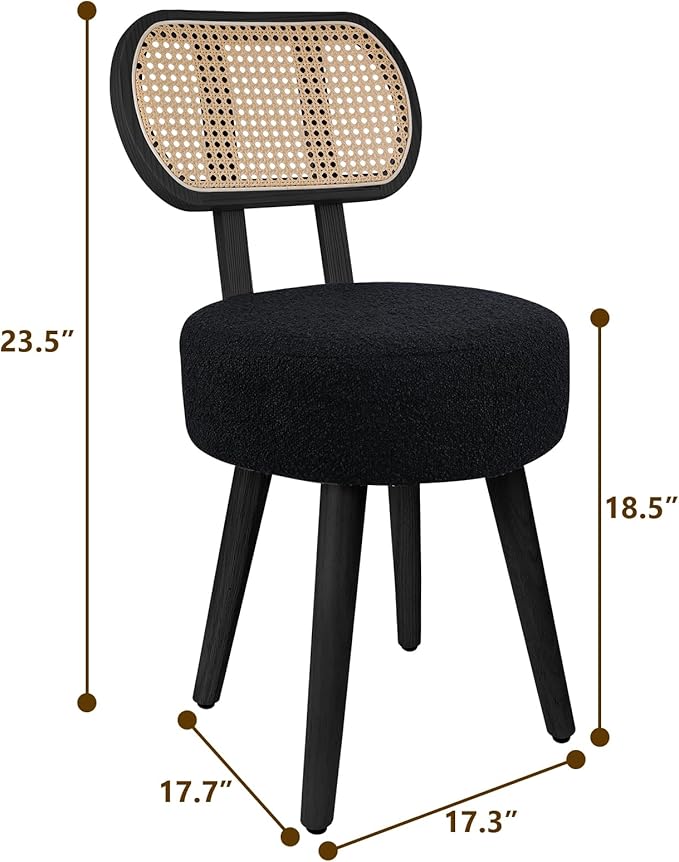ZYBT Rattan Dining Chair, Boho Makeup Vanity Chair for Makeup Room, Mid Century Modern Boucle Chair, Black Cane Dining Chairs, Upholstered Wood Accent Chair, Cute Sherpa Chair with Back, 1 Pc