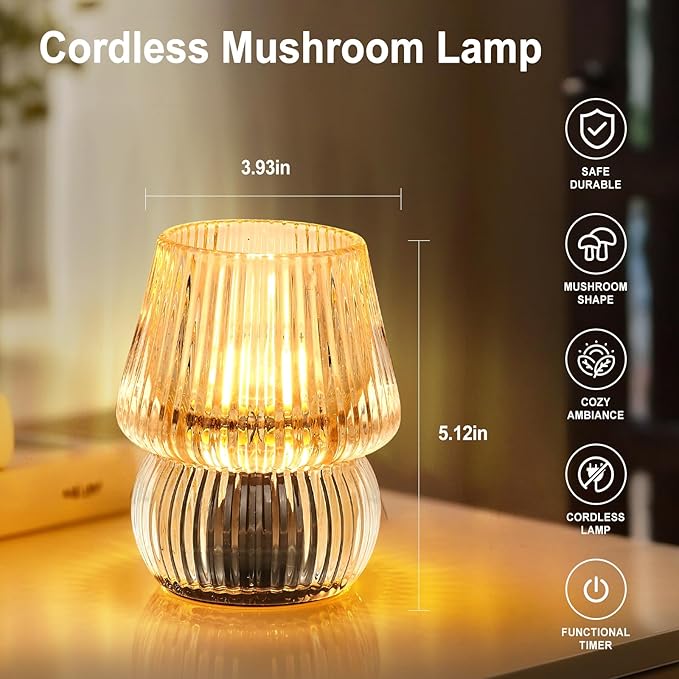 Battery Operated Lamp with Timer, Small Cute Cordless Glass Table Lamp for Home Decor, Kitchen, Bathroom, Birthday Gift for Women, Mushroom, Amber