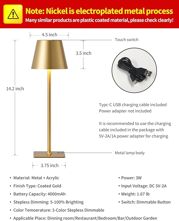 KDG 2 Pack Cordless Table Lamp, Portable LED Desk Lamps, 5000mAh Battery Operated, 3 Color Stepless Dimming Up, for Restaurant, Bedroom, Outdoor Camping, Coffee Shop, Night Light, Rechargeable (Gold)