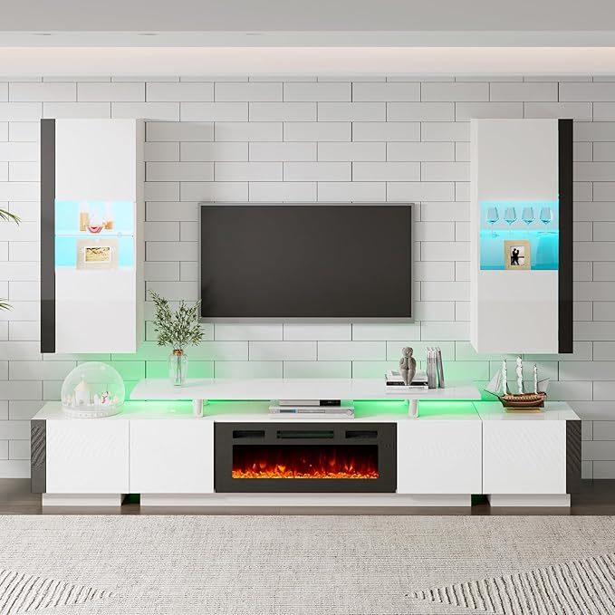 AMERLIFE 2PCS Entertainment Center Side Table Set with Storage, Modern High Gloss End Tables with 2 Cabinet Doors, for Living Room/Bedroom/Office, White/Black