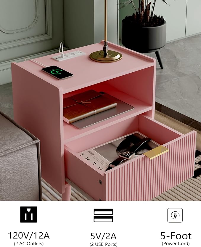 Nightstand,Modern Bedside Table with Storage Drawer and Open Wood Shelf, Accent Night Stand with Solid Wood Legs for Living Room, Bedroom and Small Spaces,Easy Assembly (Pink-Outlet)
