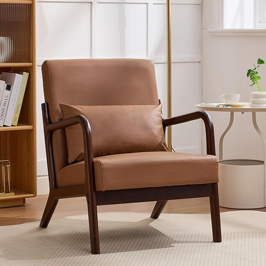Mid Century Modern PU Leather Accent Chair, Living Room Chairs with Lumbar Pillow Boho Arm Chiar Reading Chair with Solid Wood Frame for Living Room Bedroom