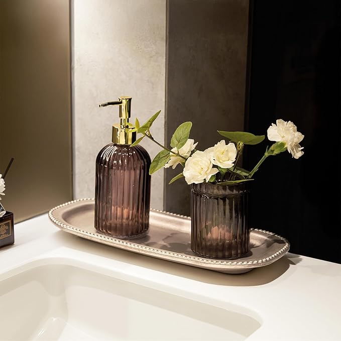 Wooden Decorative Tray, 13.9×5.9" Oval Distressed Boho Coffee Table Tray Decor, Kitchen Dining Table Trays Farmhouse Home Decor, Wood Beaded Rustic Trays for Living Room, Bathroom (Golden Brown)