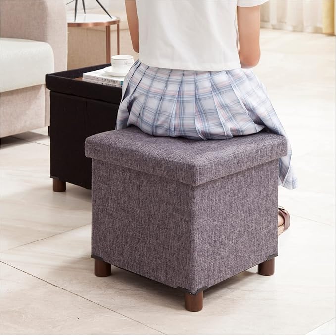 15 Inch Storage Ottoman with Wooden Legs - Cube Foot Rest Stool, Square Footstool, Comfortable Seat with Lid, Foldable Fabric Ottoman, Space-Saving Grey