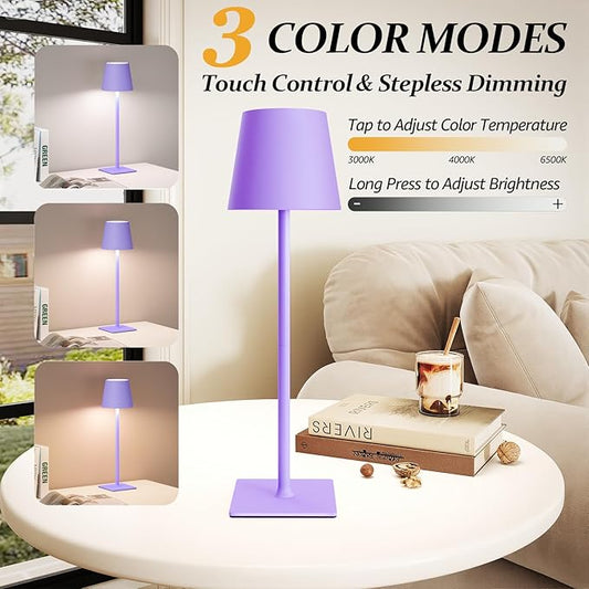 2 Pack Cordless Table Lamps, 3 Colors Stepless Dimming, 5000mAh Rechargeable Battery LED Desk Lamp for Bedroom/Couple Dinner/Desk/Cafe/Dining Room/Terrace