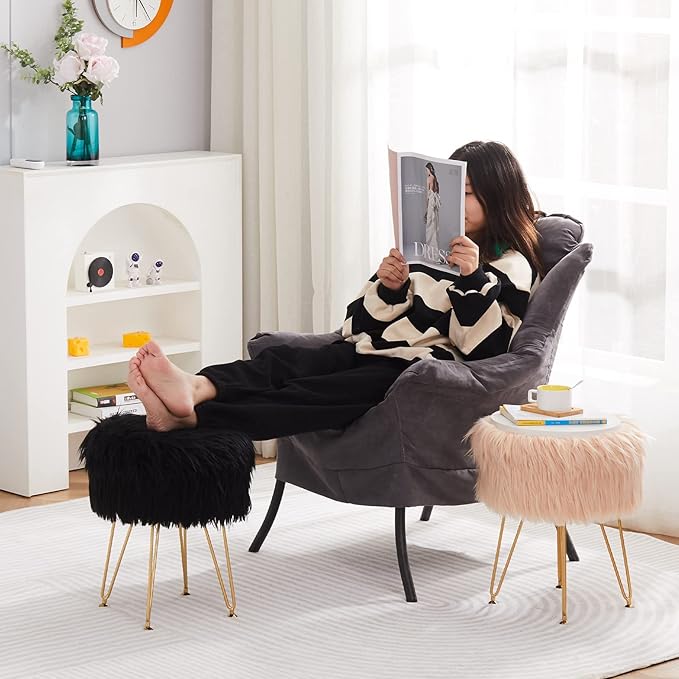 Mxfurhawa Faux Fur Storage Ottoman Round Furry Vanity Stool Marble Grain Tray Coffee Table Compact Footrest Stool with 4 Metal Legs Soft Makeup Seat Foot Stools Living Room Bedroom Entryway Champagne