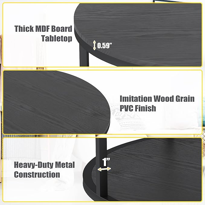 WiberWi Round Coffee Table Black 35.8" Circle Coffee Tables for Living Room Rustic Industrial Design with Sturdy Metal Frame Legs and Open Storage Shelf, Easy Assembly