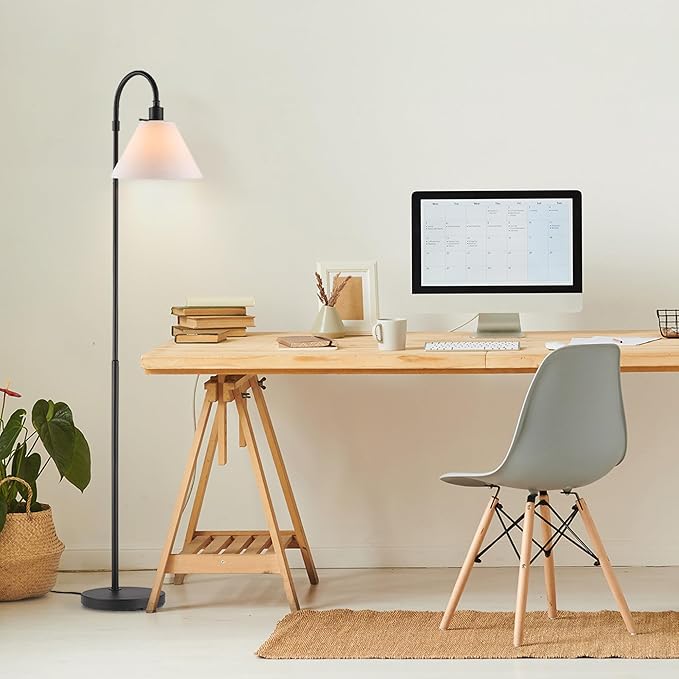 GLOBE Electric 61000146 62" Floor Lamp, Matte Black, White Fabric Shade, On/Off Rotary Switch on Socket, 6-Foot Black Cord, Reading Light, Bedroom, Living Room, Home Decor