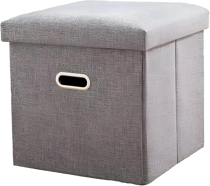 12 Inches Folding Ottoman with Storage Linen Fabric Foot Stool Storage Thick Sponge Padded Seat Ottoman for Bedroom Living Room (Grey)
