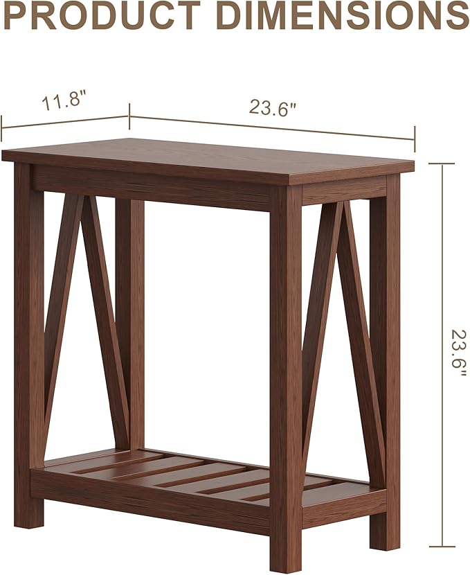 ChooChoo Farmhouse End Table Set of 2, Rustic Vintage Narrow End Side Table with Storage Shelf for Small Spaces, Nightstand Sofa Table for Living Room, Bedroom Walnut
