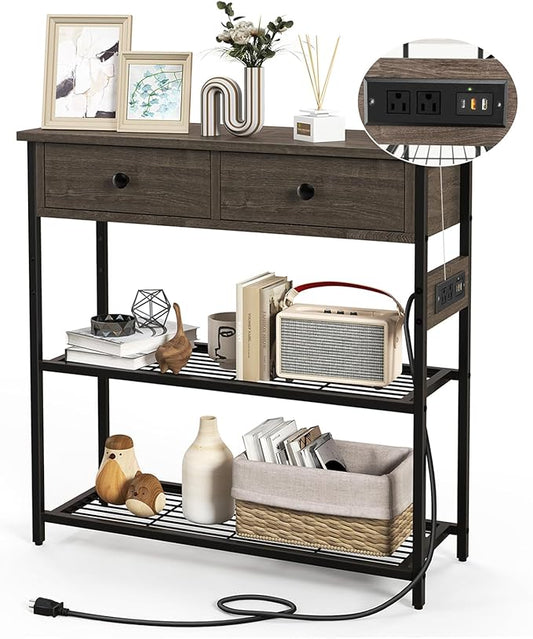 GOFLAME Console Table with Power Outlet, Narrow Entry Table with Drawers, 2 AC Outlets & 2 USB Ports, Sofa Table for Living Room Behind Couch, Living Room, Foyer, Grey Oak