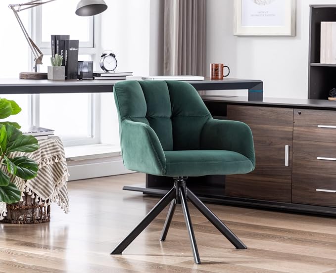 EALSON Comfy Velvet Desk Chair Modern Computer Task Chair no Wheels Swivel Accent Chair with Mid Back Arm Chair for Living Room/Bedroom/Home Office(Green)