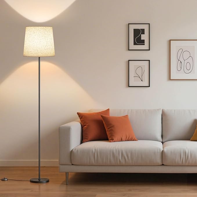 Floor Lamp with Linen Shade - 62" Tall LED Standing Lamp with Foot Switch, 3 Color Temps, 9W E26 Bulb Included, Black Floor Reading Light Corner Lamp for Living Room Bedroom Office Dorm