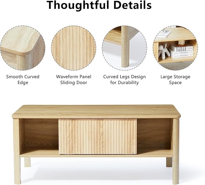 Mid-Century Modern Rectangular Wood Coffee Table with Dual Storage Shelf, Storage Center Coffee Tables with Waveform Panel Sliding Door Dining Table for Living Room Apartment(Natural)