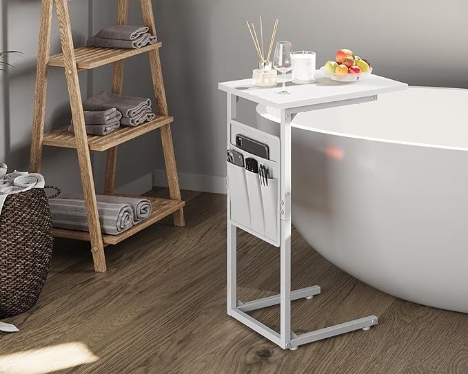 Vagusicc C Shaped End Table, Small Side Table for Couch, Couch Side Table Arm C Table for Sofa, TV Tray Slide Under Sofa Drink Table with Metal Frame for Living Room, Bedroom, Bedside, White