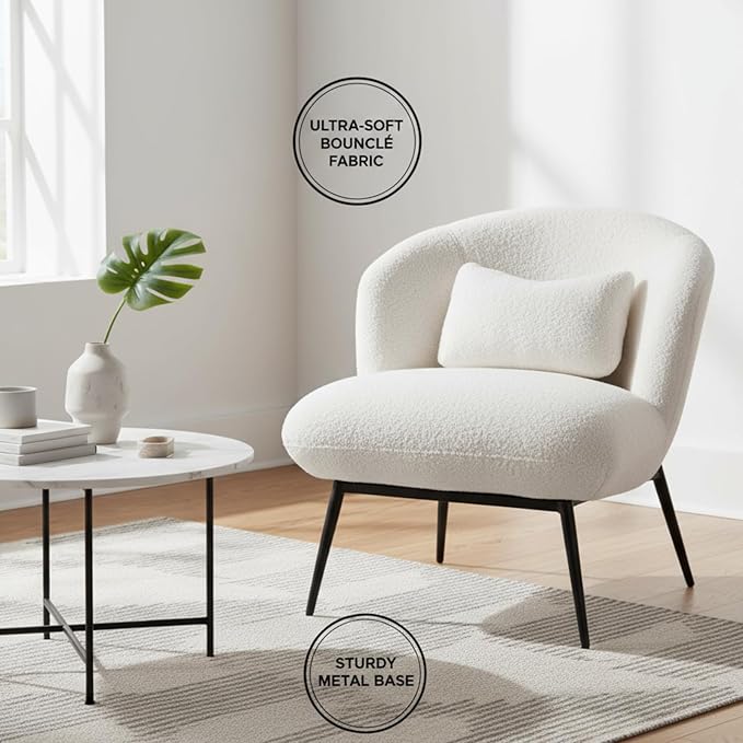 DUOMAY Modern Accent Chair, Sherpa Upholstered Leisure Boucle Single Sofa Lounge Chair with Lumbar Pillow Metal Legs Slipper Chair for Living Room Bedroom Office, White