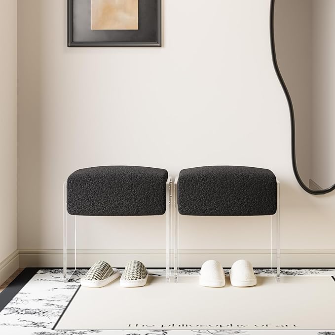 Vanity Stool Chair and Foot Rest -Modern Vanity Stool and Footstool with Wool and Acrylic Leg for Makeup Room, Living Room , Bedroom, Boucle Ottomans for Birthday, Christmas, Halloween, Easter Gifts