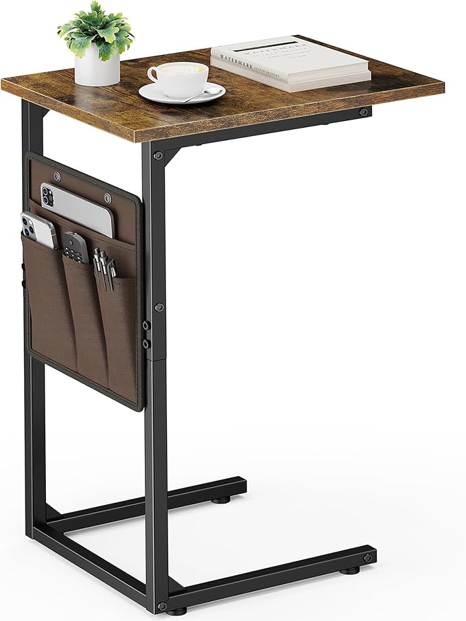 Vagusicc C Shaped End Table, Small Side Table for Couch, Tall Couch Side Table C Table for Small Space, TV Tray Slide Under Sofa Snack Table with Metal Frame for Living Room, Bedroom, Bedside, Brown