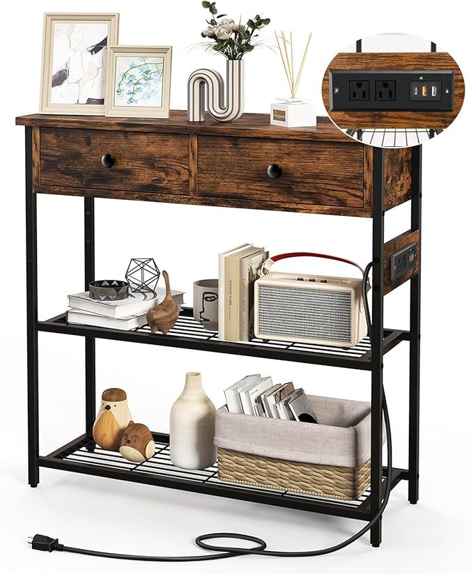 GOFLAME Console Table with Power Outlet, Narrow Entry Table with Drawers, 2 AC Outlets & 2 USB Ports, Sofa Table for Living Room Behind Couch, Living Room, Foyer, Brown