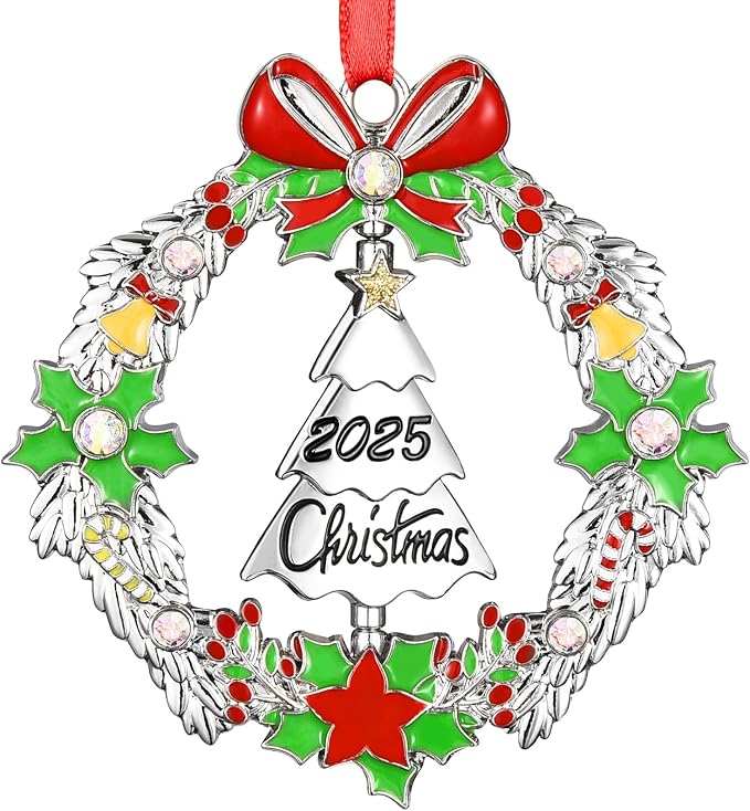 Christmas Ornament 2025 Decoration for Xmas Tree Hanging Metal Christmas Wreath with Rotatable Tree Dated 2025 Shiny Silver Ornaments Holiday Decorative Xmas Gifts for Family Friends