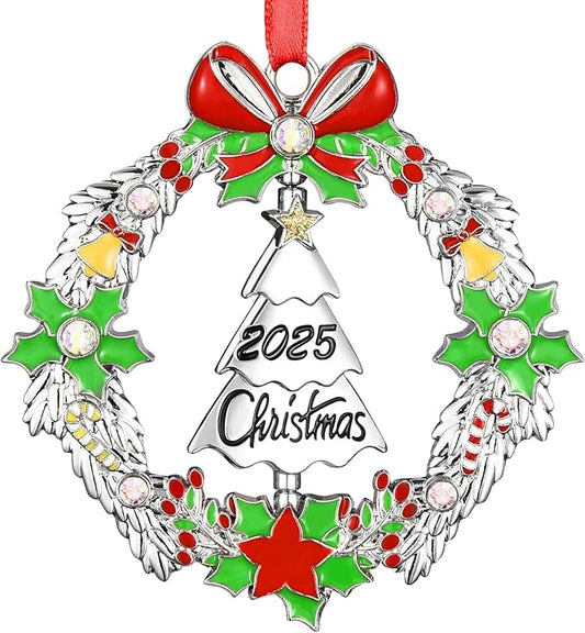 Christmas Ornament 2025 Decoration for Xmas Tree Hanging Metal Christmas Wreath with Rotatable Tree Dated 2025 Shiny Silver Ornaments Holiday Decorative Xmas Gifts for Family Friends