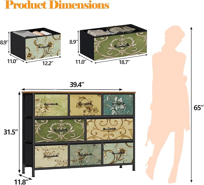 Furnulem 8 Drawer Dresser, Wide Fabric Chest of Drawers, Vintage Furniture for Bedroom, Living Room, Hallway, Closet Clothes Storage, Wooden Top