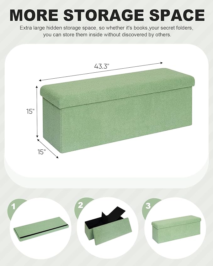 B FSOBEIIALEO Small Storage Ottoman Cube Sherpa Ottomans Foot Rest, Foldable Boucle Ottoman Bench, Faux Teddy Fur, Green 43.3"x15"x15"