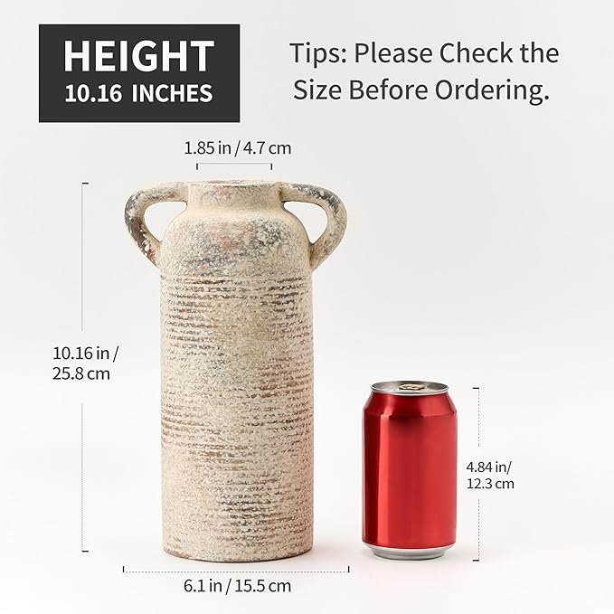 Ceramic Rustic Vase for Home Decor, Terracotta Vase with Handles, Handcrafted Vintage Decorative Flower Vase for Farmhouse, Living Room, Table, Fireplace, Nightstand