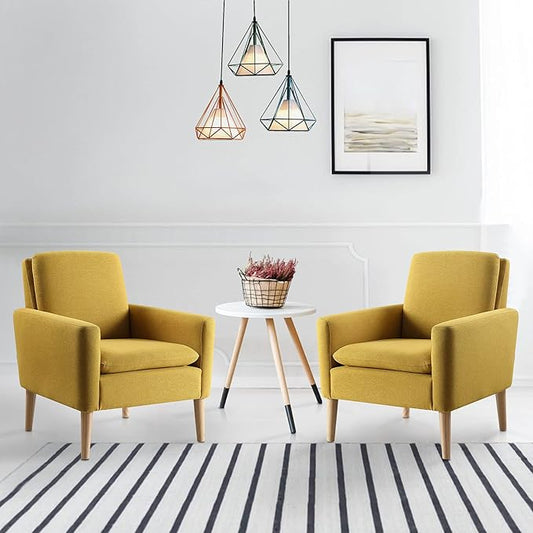 Lohoms Set of 2 Accent Chair for Living Room, Mustard Yellow Comfy Reading Leisure Chair for Bedroom, Mid-Century Modern Fabric Upholstered Armchair for Reading Nook, Waiting Area, Wood Legs
