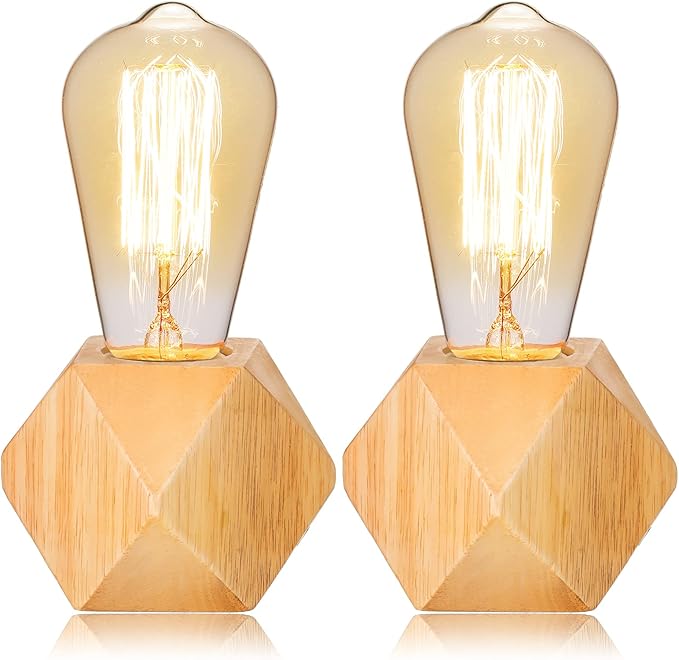 Riakrum 2 Pieces Industrial Wooden Lamp Base E26/ E27 Vintage Desk Lamp with Switch Plug Wood Small Lamp Base Polygon Industrial Night Light Boho Decor for Living Room Bedroom (No Bulb)