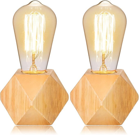 Riakrum 2 Pieces Industrial Wooden Lamp Base E26/ E27 Vintage Desk Lamp with Switch Plug Wood Small Lamp Base Polygon Industrial Night Light Boho Decor for Living Room Bedroom (No Bulb)
