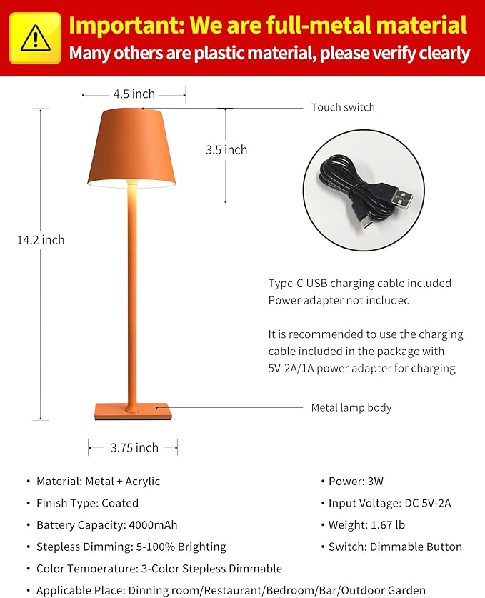 KDG 2 Pack Cordless Table Lamp,Portable LED Desk Lamp, 4000mAh Battery Operated, 3 Color Stepless Dimming Up, for Restaurant/Bedroom/Bars/Outdoor Party/Camping/Coffee Shop Night Light(Orange)