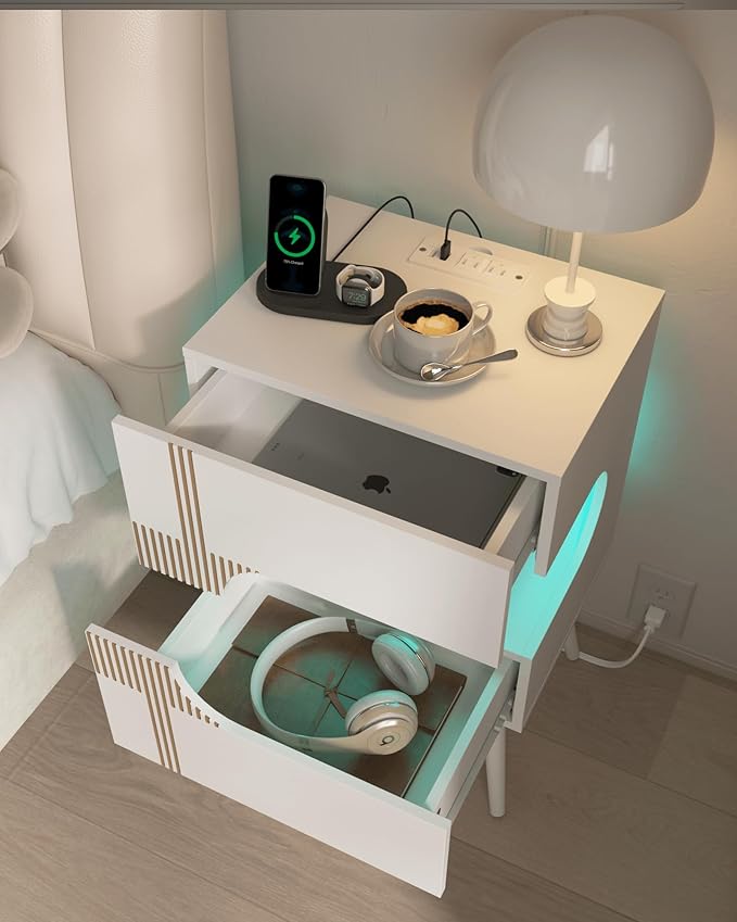 White Nightstand with Charging Station and LED Lights,Modern Bedside Table with 2 Storage Drawer,Night Stand with Solid Wood Legs,White (White-2)