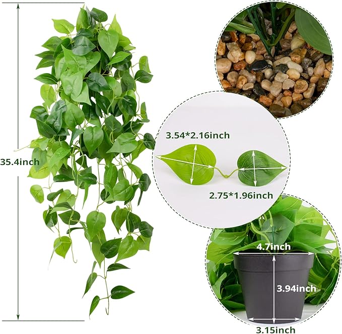 LOYWREE 35.4in Artificial Plants in Black Pot Realistic Fake Hanging Potted Greenery with Faux Ivy Vine & Pothos - Ideal for Shelf, Home, Office, Indoor & Outdoor Garden Decor
