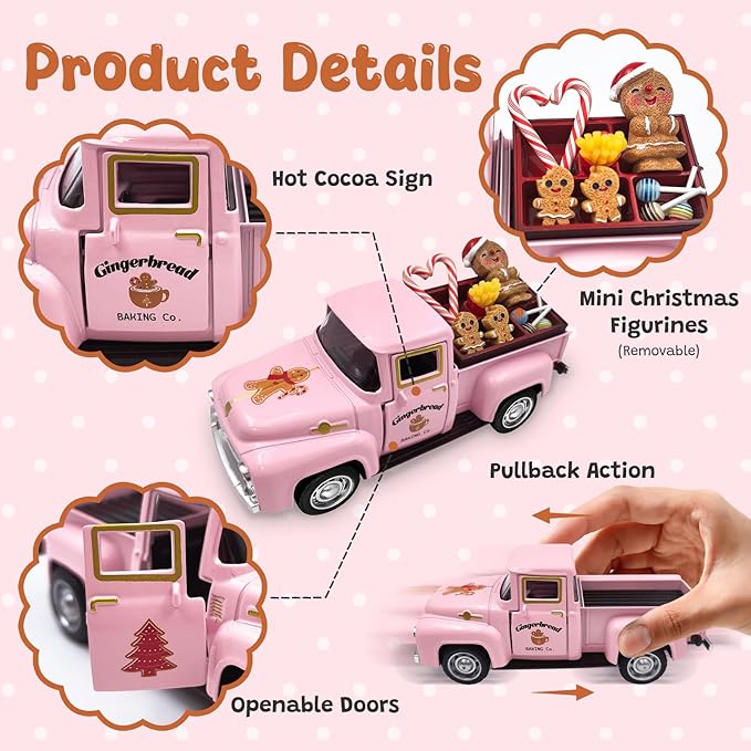 Pink Gingerbread Christmas Decor Vintage Farmhouse Metal Truck with Mini Fake Candy Cookie Box Ginger Bread Man Pastel Gingerbread Christmas Tabletop Decorations for Xmas Tray Holiday Mantel Kitchen