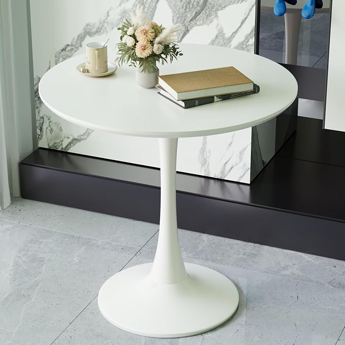 Round Dining Table, Modern Tulip Table, 31.5'' Mid-Century Round Leisure Table with Metal Base for 2-4 Person, Suitable for Living Room, Kitchen, Cafe and Home Office(White)