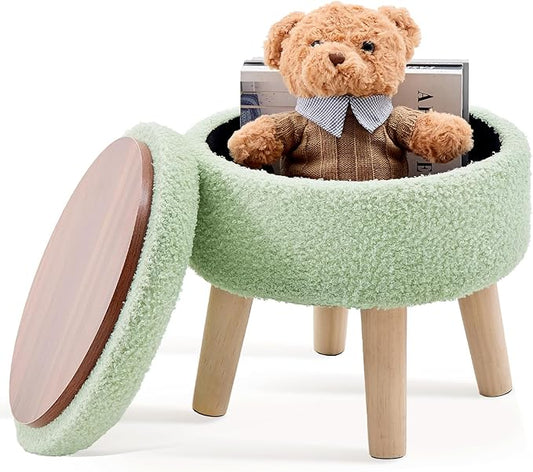 Mxfurhawa Versatile Storage Ottoman, Round Footstool with Soft Padded Seat, Small End Table with 4 Wood Legs, Teddy Velvet Foot Rest for Couch,Shoe Changing Stool for Living Room (Light Green)