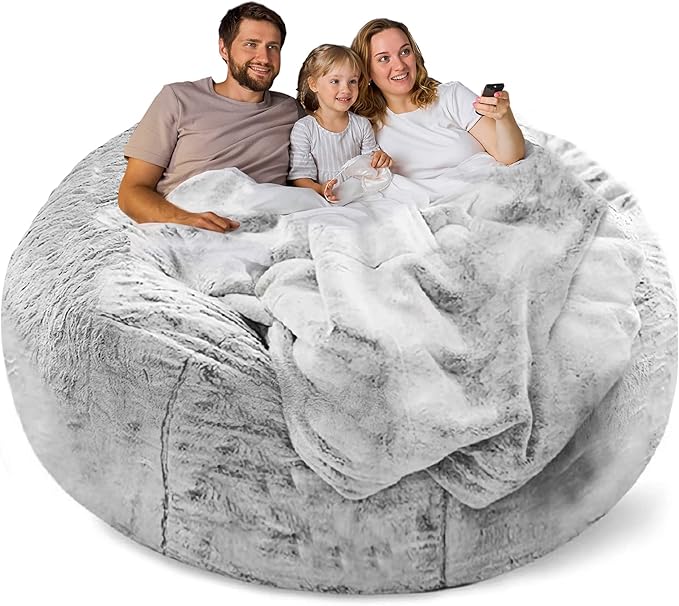 (No Filler Bean Bag Chair Cover Without Filler,Big Round Soft Fluffy PV Velvet Washable Bean Bag Lazy Sofa Bed Cover for Adults,Living Room Bedroom Furniture Outside,6ft Snow Grey