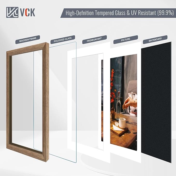 VCK 12x16 Picture Frame 5 Pack - Walnut, High-End Wood Poster Frames with Tempered Glass, Display 8.5x11 Photo with Mat or 12x16 without Mat, Art Gallery-Quality, Wall Hanging, Walnut