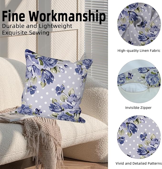 Blue Flower Throw Pillow Covers 20"x20" Set of 4, Retro Floral Sofa Pillowcases for Chair Couch Bed Living Room Office Car Garden Patio Farmhouse Indoor Outdoor Decorative