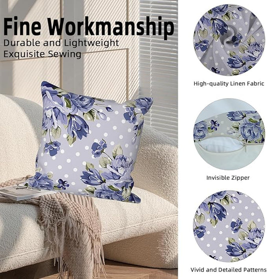 Blue Flower Throw Pillow Covers 26"x26" Set of 4, Retro Floral Decorative Pillowcases for Sofa Chair Couch Bed Living Room Office Car Garden Patio Farmhouse Indoor Outdoor