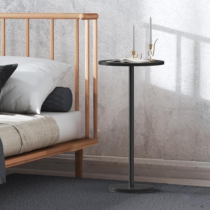 Small Round Side Table, Drink Tables for Narrow Spaces, Pedestal End Table Stand for Living Room, Modern Black Small Nightstand for Bedside, Round Table for Bedroom Sofa-Side