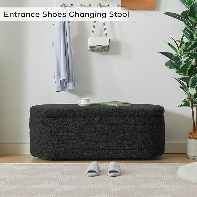 Storage Ottoman Bench End of Bed for Bedroom,45 inch Boucle Upholstered Entryway Shoe Seat Bench w/ Storage,Sherpa Modern Cute Padded Blanket Chest Stool Foot Rest for Living Room,Black