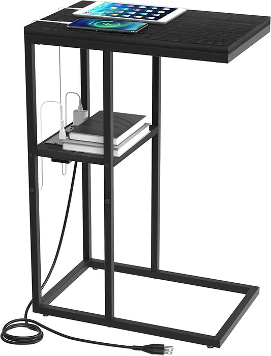 Yoobure C Shaped End Table with Charging Station for Living Room, Bedroom, Sofa Table with USB Ports and Outlets for Small Spaces, Couch Rustic Snack Bed Table