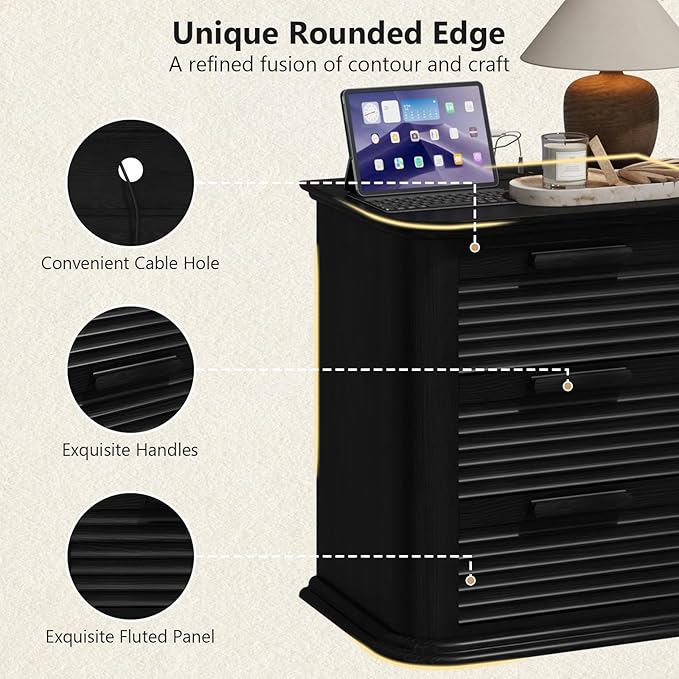 22'' Fluted Nightstand with Charging Station, Modern End Table with 3 Drawers and Storage, Wood Night Stand with Round Corner, Side Bedside Table Dresser for Bedroom, Living Room, Curved Profile,Black