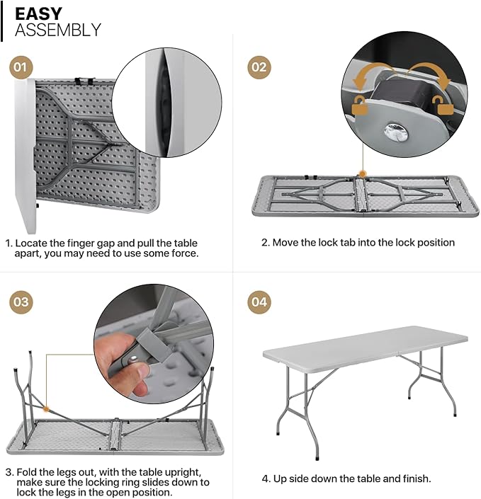 MoNiBloom 6Ft Folding Table, Heavy Duty Portable Plastic Dining Tables Fold in Half Indoor Outdoor Desk w/Handle, Lock for Camping Picnic Party, Gray