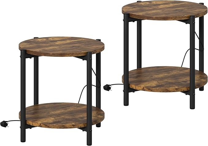 LIKIMIO Round End Tables, Set of 2, 16" W Small Round Side Tables with Charging Station, 2-Tier Modern Nightstands for Small Spaces, Living Room, Bedroom, Rustic Brown