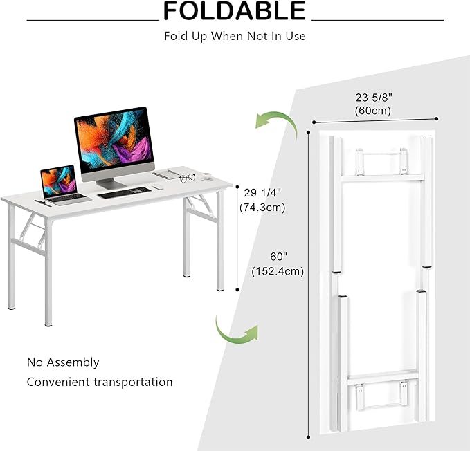 Need Home Office Desk Large Computer Desk 60 inch Sturdy Table Foldable Desk Gaming Computer Table No Assembly Required, White&White Frame AC5DW(152.4 * 60)